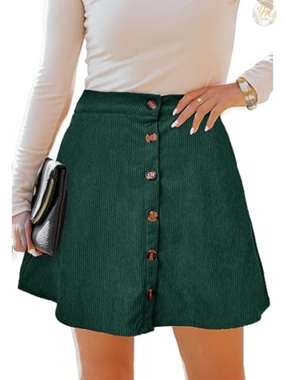 Corduroy Pleated Skater Mini Skirt A-Line Button Front Pockets